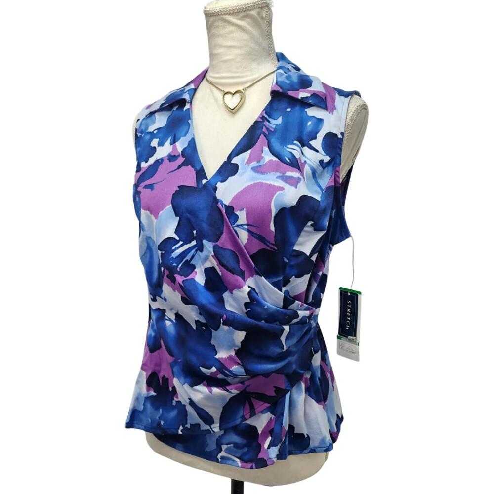 Jones New York. Sleeveless Floral Print Faux Wrap V-Neck Blouse. PL